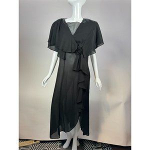 Designer Asymmetrical Tulip Hem Semi Sheer Dress Medium Black Polyester Blend